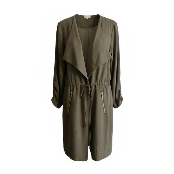 Kismet Olive Green Drape Front Utility Jacket Drawstring Waist Zip Pockets Sz M - Picture 3 of 11